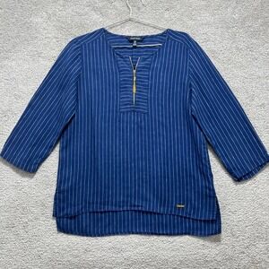 Ellen Tracy Top Women's Medium Linen Blue Striped  3/4 Sleeve‎ Quarter Zip